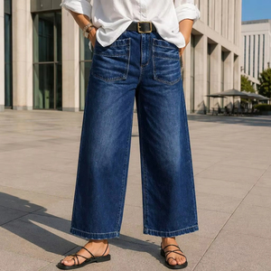 Jeans <span class=keywords><strong>de</strong></span> Mujer <span class=keywords><strong>de</strong></span> Cintura Alta, Pierna Ancha, Bolsillos con Parches, Estilo Holgado, Cinturón Negro con Hebilla Dorada, Minimalista - Product Image 1