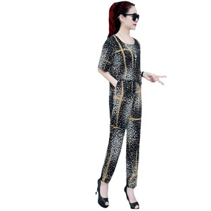 Women's Printed Two Piece Set Black Geometric Pattern Short Sleeve Casual Suit Plus Size Fashion Harem Pants Set 8632 - Product Image 3