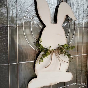 Vintage Easter Bunny Door Hanging White Wooden Rabbit Decoration With Green Leaf Indoor Easter Decor - Product Image 4