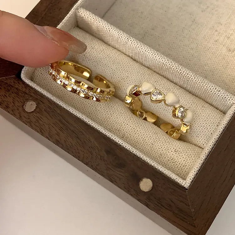 2 diseños de circonita brillante esmalte blanco amor corazón anillo correa de reloj cadena abierta anillos ajustables mujeres moda Chic moderno lindo joyería