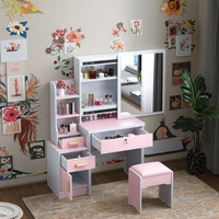 Ensemble de coiffeuse moderne pour filles avec éclairage LED, tiroir en MDF, miroir, rangement, meubles de chambre à coucher