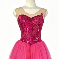 Robe de tutu de ballet sans manches rouge rosé avec corsage floral à sequins, col en maille et jupe en tulle multicouche pour la danse lyrique et scénique