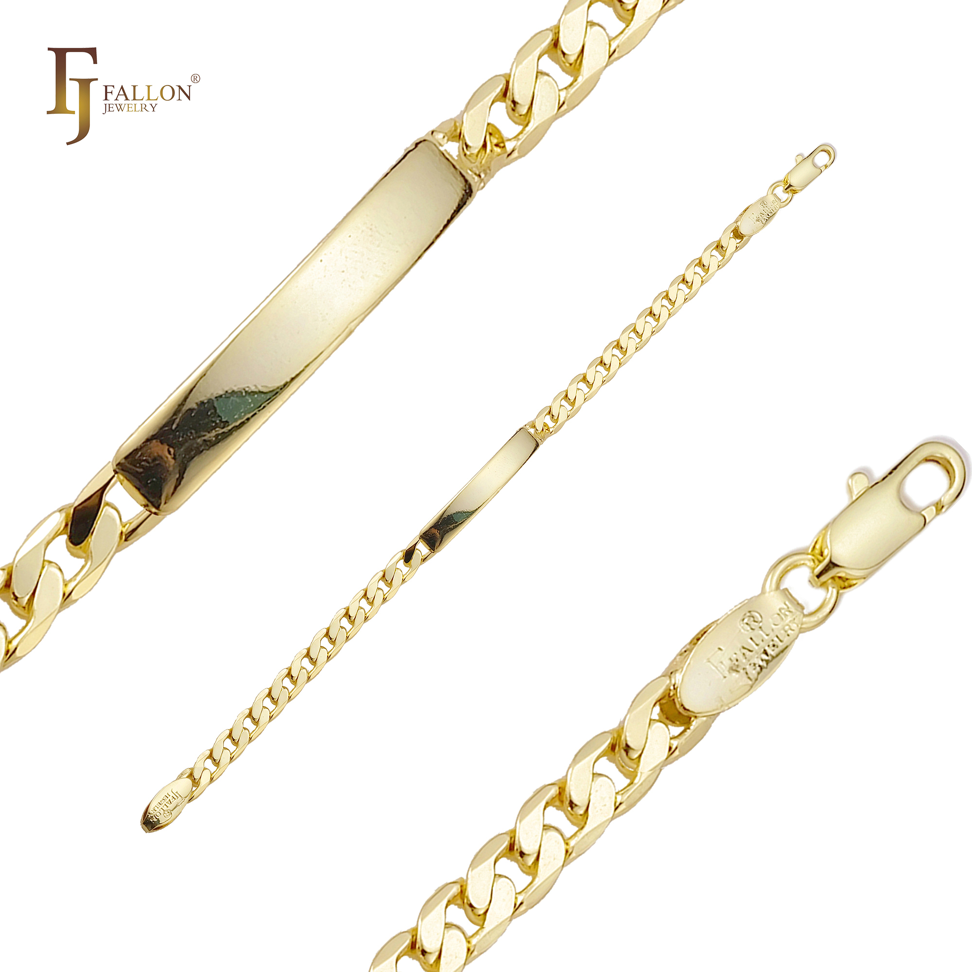 55190073 3mm 17cm FJ Fallon Fashion Jewelry Engraveable Cuban Link Men's ID Bracelets 14K Gold Plated Brass Based