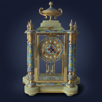Horloge mécanique antique chinoise en bronze, avec figurine de pot à fleurs et architecture cloisonnée, affichant les heures et les demi-heures.