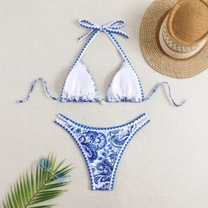 Blue and <b>white</b> porcelain floral print sports bikini backless swimsuit <b>set</b> - Product Image 2