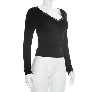 Viviblook J26TP282 Camiseta de Otoño para Mujer, Nueva con Encaje y Parches, Cuello en V, Corte Ajustado, Manga Larga, Estilo Casual, Top Corto para Damas - Product Image 4
