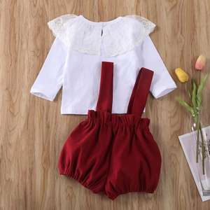 2020 New Spring Girls Outfit Long Sleeve <strong>Lace</strong> Tops + Red Straps <strong>Shorts</strong> 2pcs <strong>Kids</strong> Clothing Set - Product Image 4