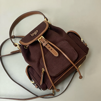 Tas Ransel Kanvas Retro untuk Wanita, Tas Selempang Cokelat dengan Tali Serut, Pegangan Atas, Kantong Samping, dan Tali Panjang yang Dapat Disesuaikan