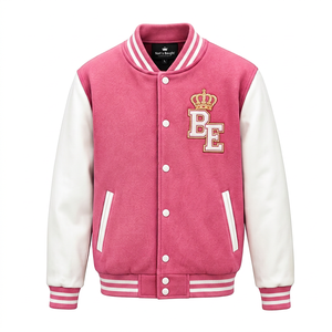 Natt's Baught Pink Varsity <b>Jacket</b> <b>White</b> Sleeve Embroidered BE Crown Logo Stand Collar Front Logo Casual Style <b>Men</b> Winter Wear - Product Image 1