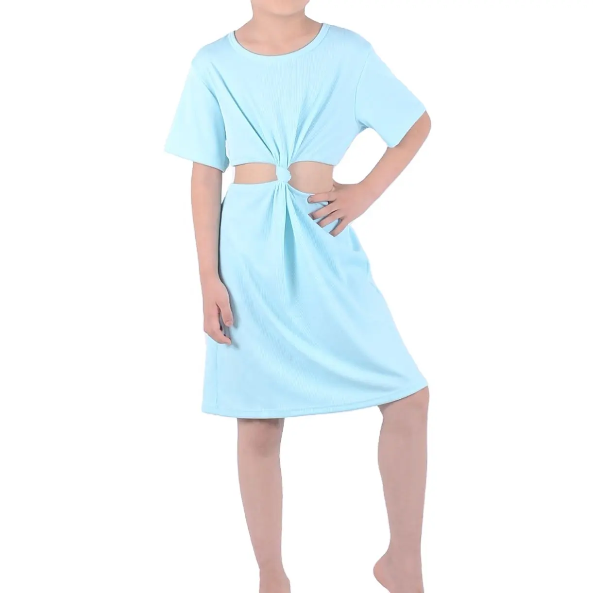 Vestido personalizado de una pieza para niñas, camiseta anudada con cintura de punto de 230g, falda, vestido estampado