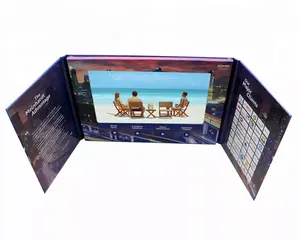 Pantalla LCD de doble puerta de tres pliegues, folleto de vídeo de 7 pulgadas hecho en China, libro de vídeo de marketing