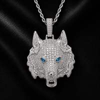 Liontin Hip Hop Brass Berlapis Berlian Imitasi Bentuk Kepala Serigala, Kalung Liontin Moissanite Mikro Inlaid, Kalung Keren Gaya Punk, Perhiasan Leher Fashion Hip Hop Pria
