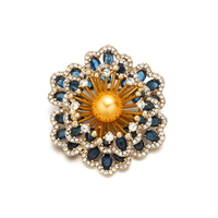 Broches de luxe pour femmes en zircon bleu fleur de cuivre et perle, strass en cristal plaqué or, broches de créateur personnalisées