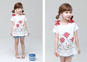 Vêtements pour enfants en gros, t-shirt décontracté à manches courtes imprimé de dessins animés avec nœud en coton pour filles, provenant d'un fournisseur chinois - Product Image 2