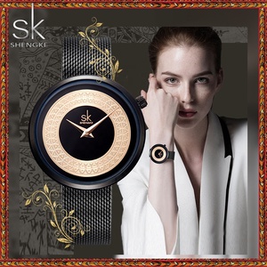 SHENGKE Offre Spéciale filles montre mains K0094L accepter Logo personnalisé en acier inoxydable <span class=keywords><strong>maille</strong></span> montre-bracelet de luxe dame noir/rose couleur - Product Image 4
