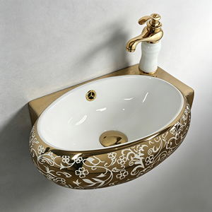 Lavabo mural ovale en céramique plaqué or style Moyen-Orient, gain de place, pour hôtel et usage domestique - Product Image 4