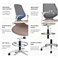 Chaise de dessin ergonomique haute avec repose-pieds réglable, dossier en maille et hauteur réglable pour bureau debout et studio