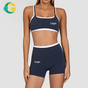 Conjunto Deportivo Gc Color Blocking de Cintura Alta con Bloques de Color Personalizados para Mujer, Sujetador Deportivo de Doble Capa, Leggings de Gimnasio, Pantalones Cortos a Rayas, Conjunto de Yoga - Product Image 1