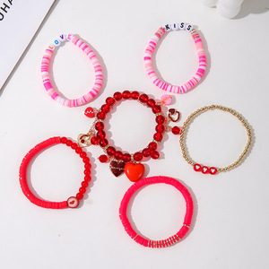 Conjunto de Pulsera con Colgante de Corazón, 6 Piezas, Arcilla Polimérica Roja, Regalo de San Valentín para Mujer, Joyería - Product Image 4