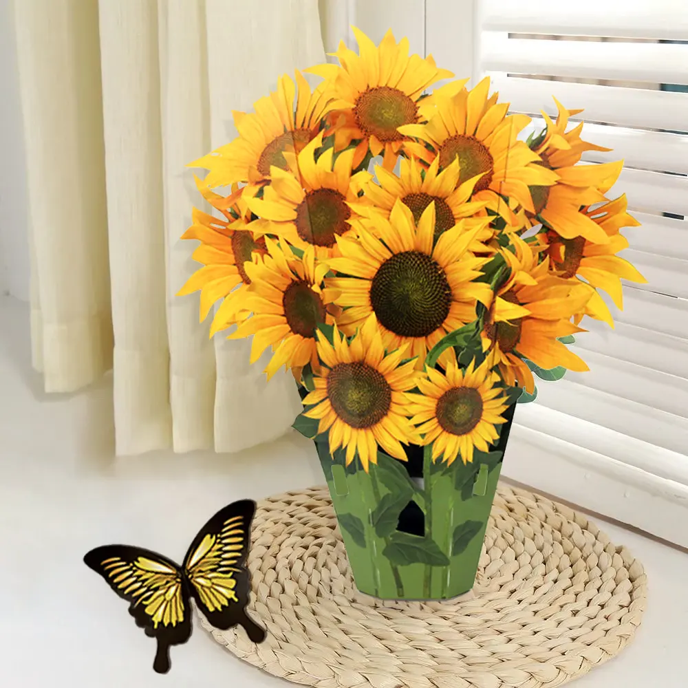Ramo de flores hecho a mano de gran tamaño 2024, adornos, tarjetas emergentes de girasol 3D con sobre