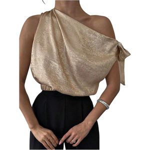 Women's Off Shoulder Satin Crop <b>Top</b> Asymmetric One Shoulder Wrap Tie Blouse Elegant Party Wear - Product Image 1