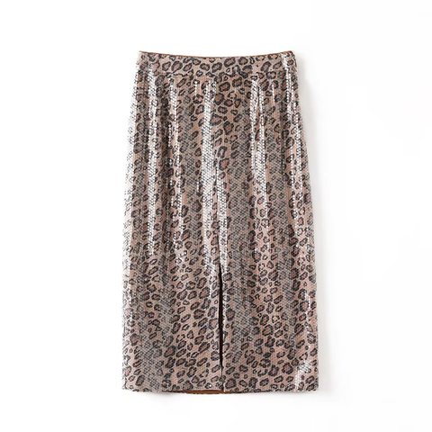 4826 Spring New Trendy Mid Long High Split Shiny Sequins Elegant Leopard Print Skirt for Women