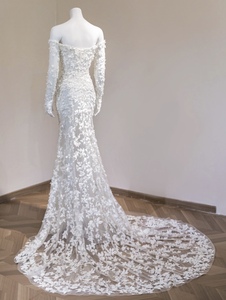 Abito da <span class=keywords><strong>Sposa</strong></span> Lussuoso a Sirena con Spalle Scoperte e Maniche Lunghe, Applicazioni Floreali 3D, Elegante Abito Nuziale - Product Image 3