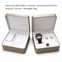 Coffret Cadeau Montre et Bijoux Trois Pièces en Cuir PU Doré Brossé, Organisateur de Rangement pour Bagues et Boucles d'Oreilles avec Doublure Polaire, Boîte à Montre