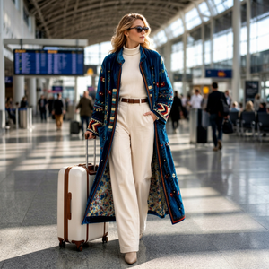 Manteau long luxueux en velours bleu brodé Suzani, style bohème chic, inspiré du vintage, pour femme - Product Image 1