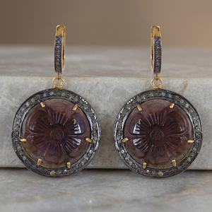 Boucles d'oreilles pendantes vintage plaquées or avec agate, motif floral, serti clos, en alliage, pour femme, marque Rajasthan - Product Image 2