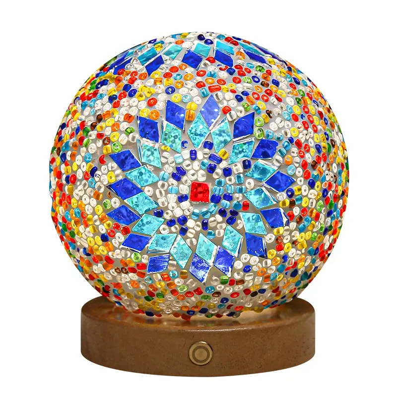 Vendita calda lampada da comodino barocca a LED stile bohémien ricaricabile lampada da tavolo turco Base in legno sfera di vetro a mosaico luce notturna