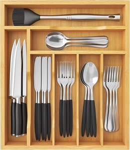 Organizador de cubiertos de bambú para cajón de cocina, bandeja divisora de madera con 7 compartimentos para utensilios. - Product Image 1