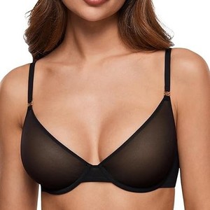 Direct Factory Women's Sheer Balconette Bra Demi Unlined Plunge Mesh See Through Sexy Bras Underwire