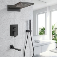 Système de douche mural en laiton noir mat de luxe, encastré, 3 voies, avec robinet de douche à effet pluie et pommeau de douche cascade