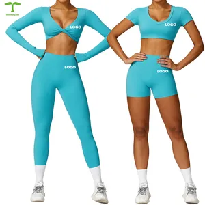 Manufacturer Customized Women Gym Sets Shorts Leggings Crop Top Yoga Sets Women U-Shaped Neckline Gym Wear Women Sets