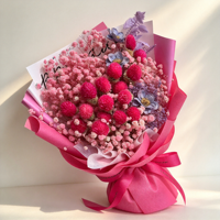 Buket Bunga Awet Warna Pink, Bunga Kering Buatan Tangan, Kotak Hadiah Bulat Dekoratif untuk Pernikahan dan Hari Valentine