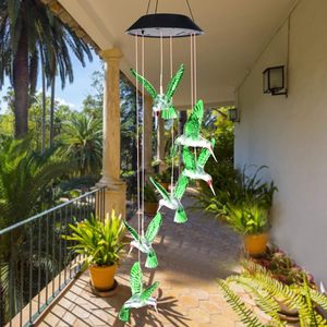 Outdoor Cor Mudando Light up Green Blue Hummingbird Solar Powered Memorial Wind Chimes para Yard Garden Home Decoração