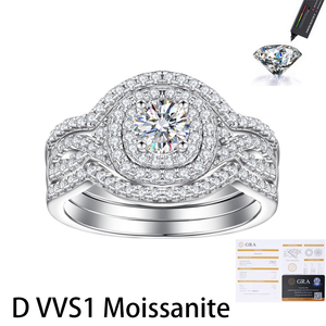 Anillo de compromiso de moissanita D VVS1 de doble halo redondo con vástago retorcido y banda de boda a juego de plata de ley S925 - Product Image 1