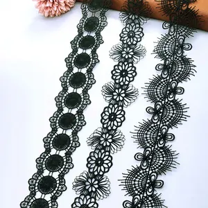 In stock Milk Silk Floral Vintage White Black Polyester Border Embroidery White Lace Trim Water Soluble Lace Trimming