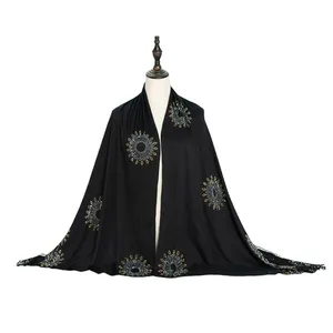 Wholesale Premium Lace Edge Rhinestone Jersey Muslim Scarf Instant Shawl Solid Color Women Cotton Hijab Scarf