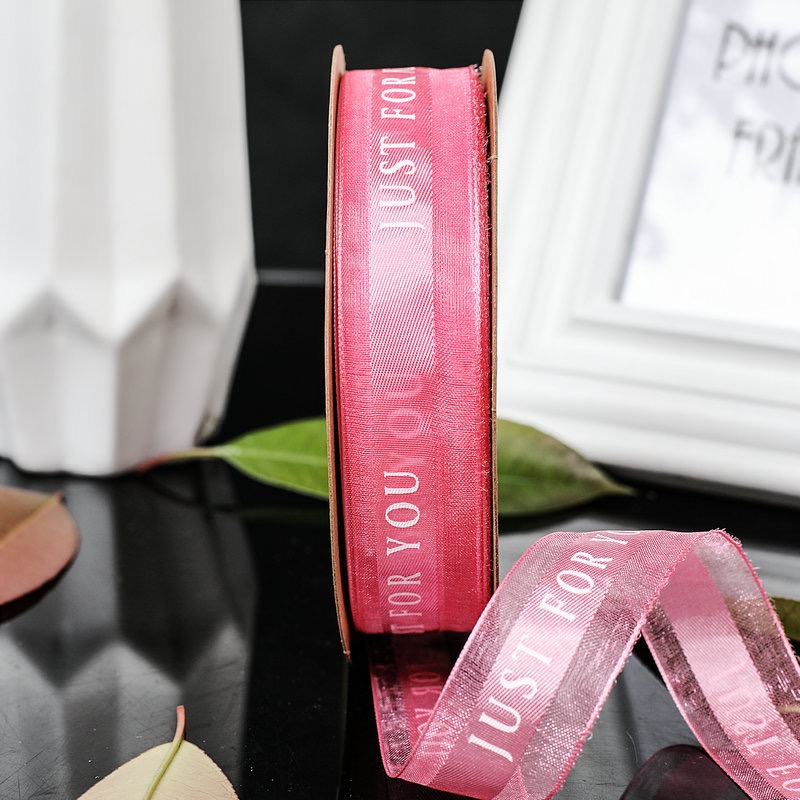 New Arrival 50 Yards Organza Ribbon 25mm Printed JUST for YOU Gauze Yarn Gift Bouquet Wrapping Ribbon Roll for Decorative Flower