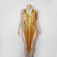 Robe à franges en strass dorés, tissu couleur chair, col roulé, sans manches, costume de scène pour danse latine, danse du ventre, showgirl