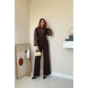 Mono de Encaje Marrón para Mujer, Cintura Alta, Manga Larga, Elegante, Ropa Formal, 100% Poliéster - Product Image 5