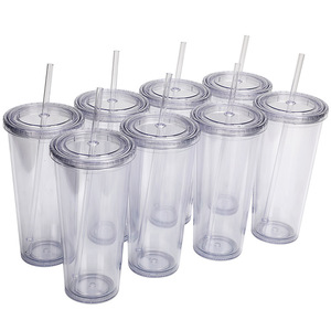 16Oz Double Wall Insulated <b>Straw</b> <b>Cup</b> With <b>Lid</b> For Travel <b>And</b> Outdoor Use Unisex Plastic Drinkware Set Of 8 - Product Image 2