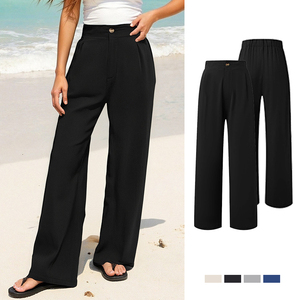<span class=keywords><strong>Pantalon</strong></span> d'été confortable à taille haute avec boutons <span class=keywords><strong>et</strong></span> ceinture élastique, <span class=keywords><strong>pantalon</strong></span> large, <span class=keywords><strong>pantalon</strong></span> décontracté à jambe droite pour <span class=keywords><strong>femme</strong></span> - Product Image 1