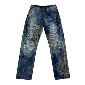 2024 New Hot Sale Custom boro Repaired Heavy Distress over dye destroy wash Patched Baggy Stacked Designer Men Denim Jeans