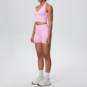 Ensemble de yoga et de sport pour femme, grande taille, réversible, uni, sans couture, avec logo personnalisé, dos ouvert, style licou, effet froncé aux fesses, vêtements de fitness et de gym - Product Image 2