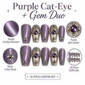 Faux ongles en acrylique à pression avec strass violets, couvrance totale, longueur moyenne, avec colle pour doigts - Product Image 4