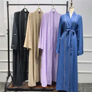 2024 Mais Recente Design Mulheres Vestido Muçulmano Kimono Fornecedor Strass Robe Chiffon Aberto Cardigan Abaya