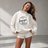 Sudadera Oversize de Cuello Alto Personalizada 2026 para Mujer, de Algodón Grueso con Parche Bordado y Forro Polar Suave con Estampado de Puntos